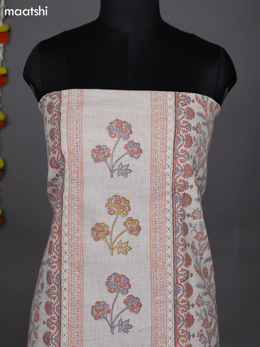 Off White and Peach Shade Cotton Dress Material With Allover Prints and Bottom & Dupatta