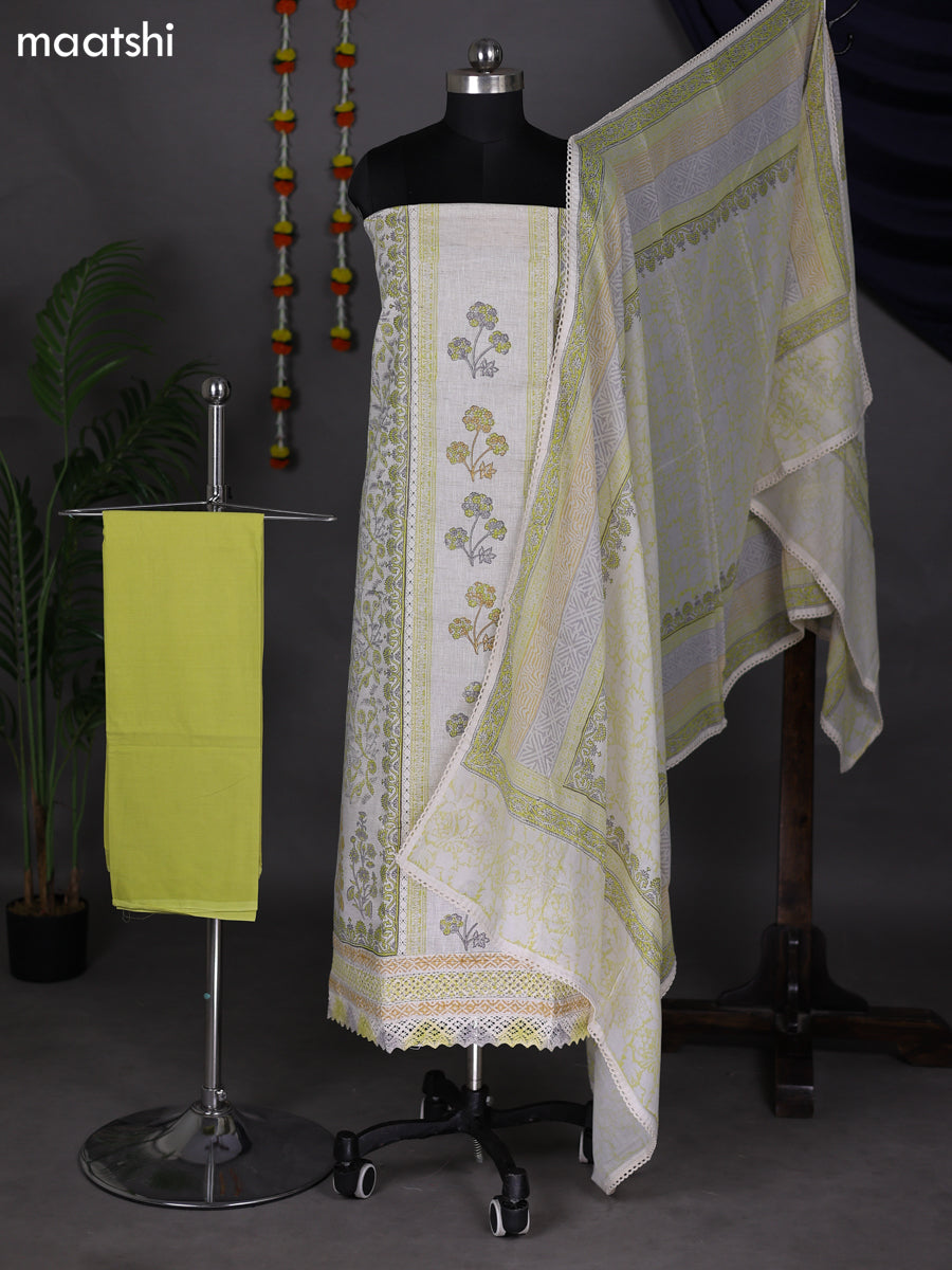 Off White and Lime Green Cotton Dress Material With Allover Prints and Bottom & Dupatta