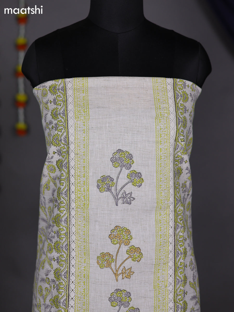 Off White and Lime Green Cotton Dress Material With Allover Prints and Bottom & Dupatta