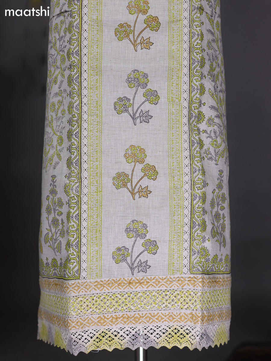 Off White and Lime Green Cotton Dress Material With Allover Prints and Bottom & Dupatta