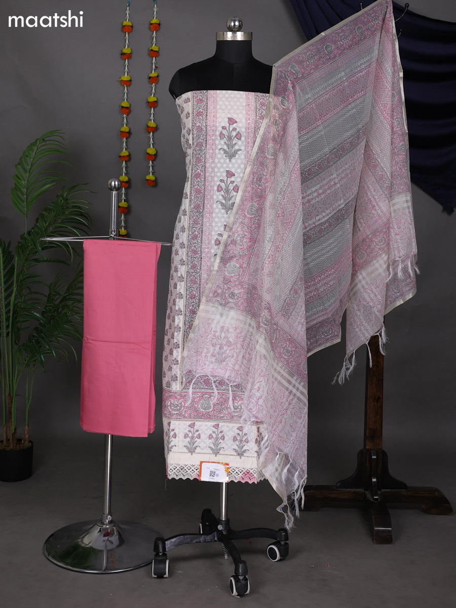 Off White and Peach Pink Cotton Dress Material With Allover Prints & Lace Work Botter and Bottom & Kota Dupatta
