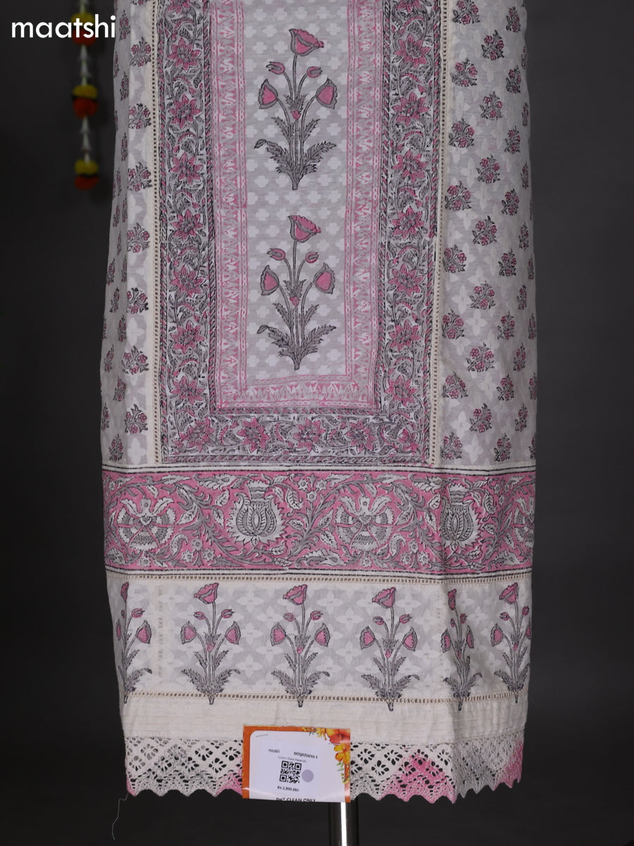 Off White and Peach Pink Cotton Dress Material With Allover Prints & Lace Work Botter and Bottom & Kota Dupatta