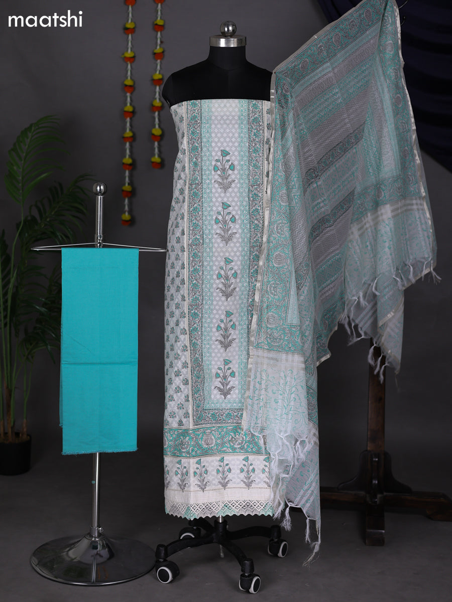 Off White and Teal Green Cotton Dress Material With Allover Prints & Lace Work Botter and Bottom & Kota Dupatta
