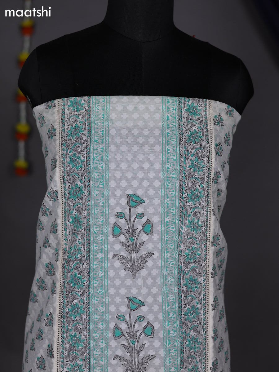 Off White and Teal Green Cotton Dress Material With Allover Prints & Lace Work Botter and Bottom & Kota Dupatta