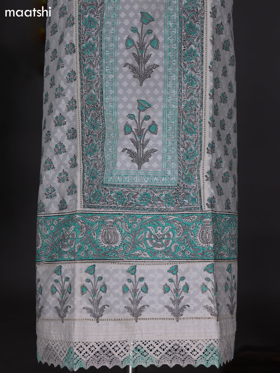 Off White and Teal Green Cotton Dress Material With Allover Prints & Lace Work Botter and Bottom & Kota Dupatta