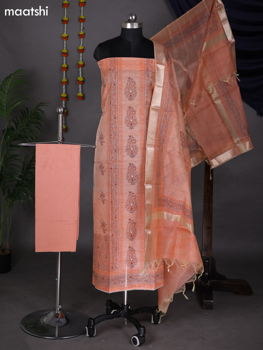 Peach Orange Kota Dress Material With Prints & Embroidery Work Pattern and Bottom & Dupatta
