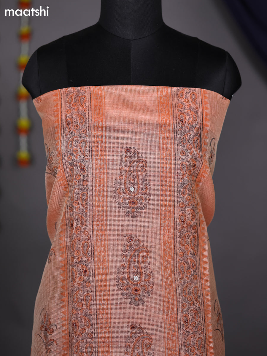 Peach Orange Kota Dress Material With Prints & Embroidery Work Pattern and Bottom & Dupatta