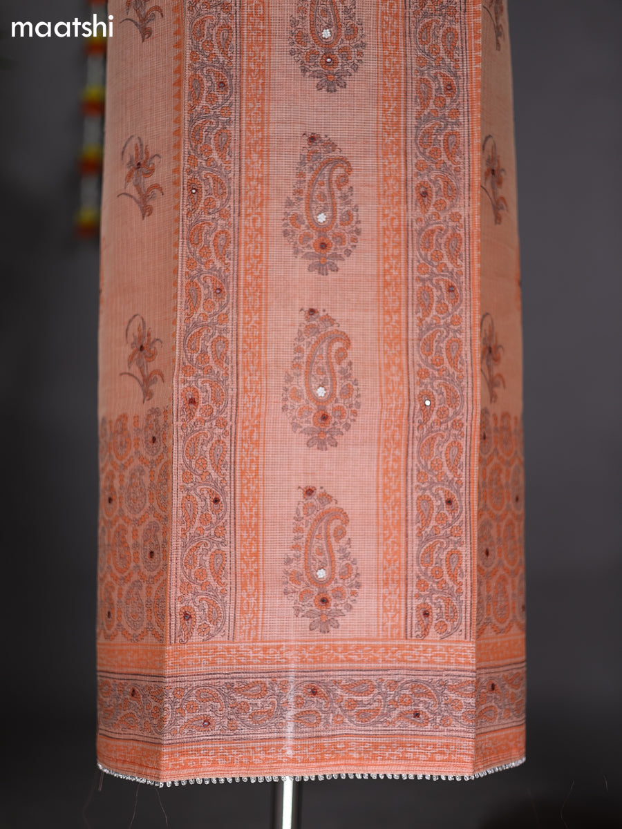 Peach Orange Kota Dress Material With Prints & Embroidery Work Pattern and Bottom & Dupatta