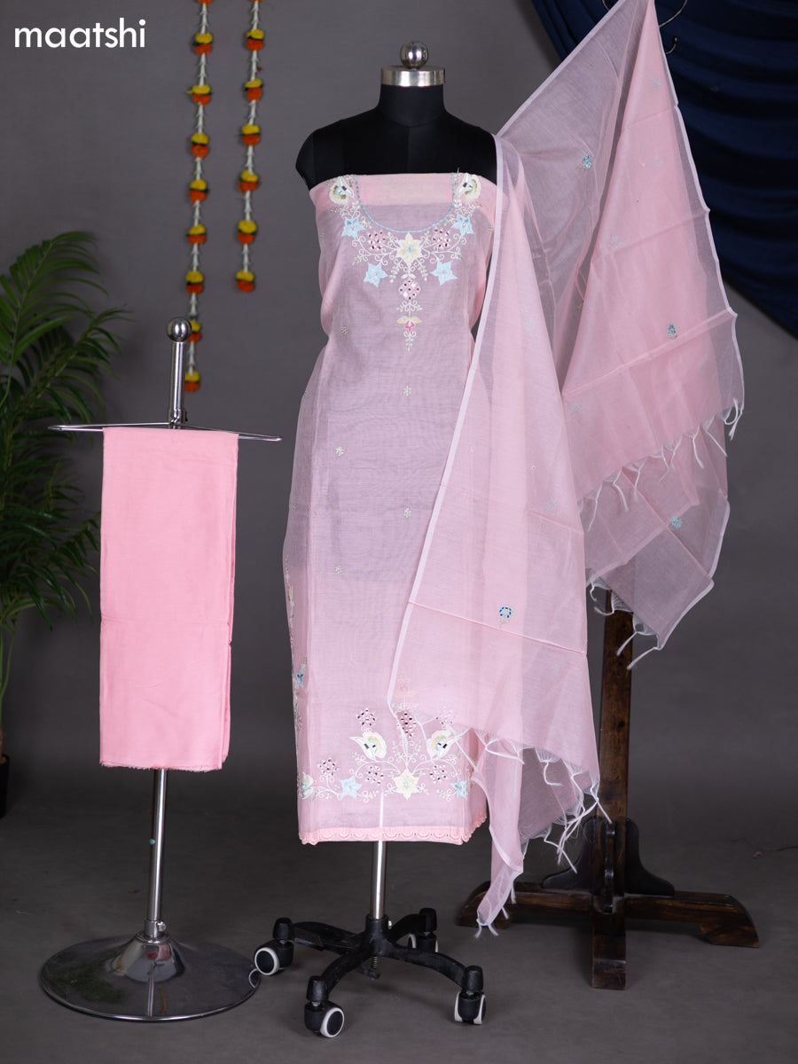 Peach Pink Shade Kota Dress Material With Mirror & Embroidery Work Neck Pattern and Bottom & Dupatta