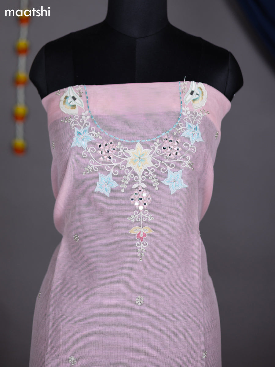 Peach Pink Shade Kota Dress Material With Mirror & Embroidery Work Neck Pattern and Bottom & Dupatta