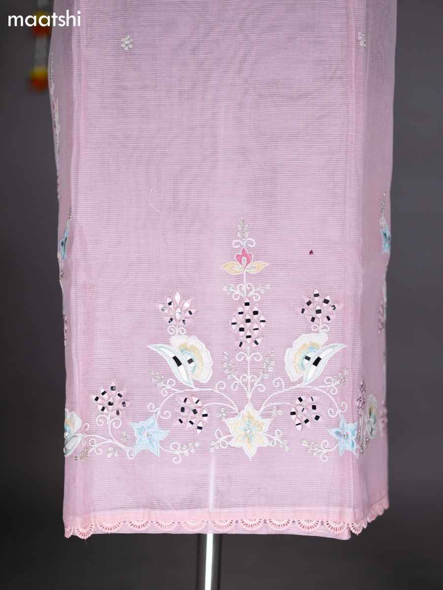 Peach Pink Shade Kota Dress Material With Mirror & Embroidery Work Neck Pattern and Bottom & Dupatta