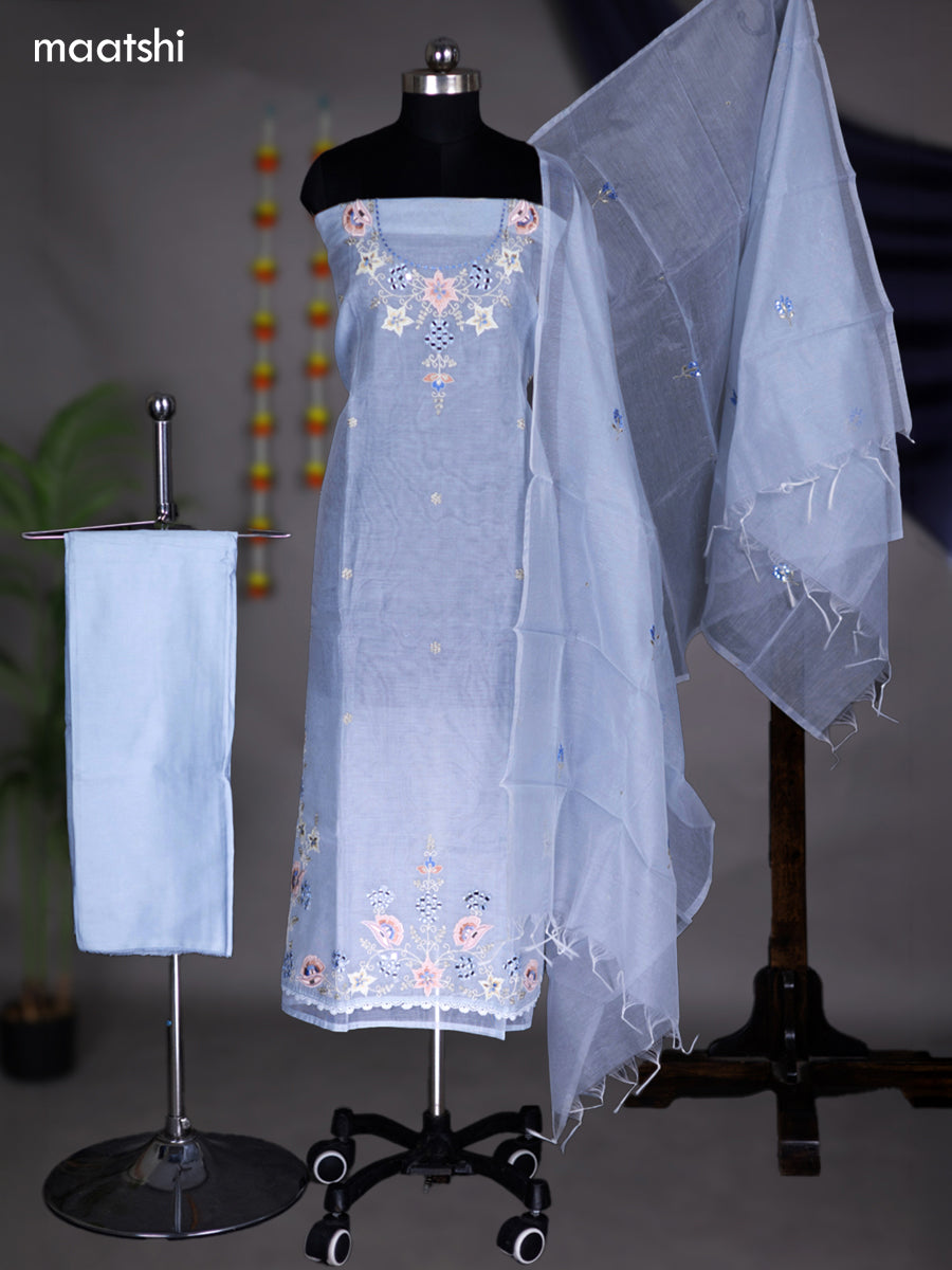 Pastel Blue Kota Dress Material With Mirror & Embroidery Work Neck Pattern and Bottom & Dupatta