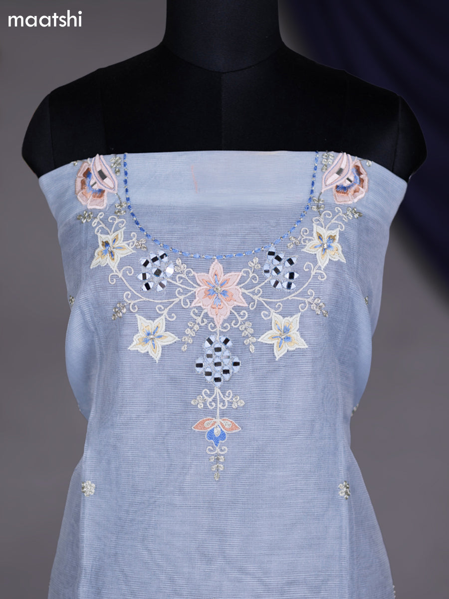 Pastel Blue Kota Dress Material With Mirror & Embroidery Work Neck Pattern and Bottom & Dupatta