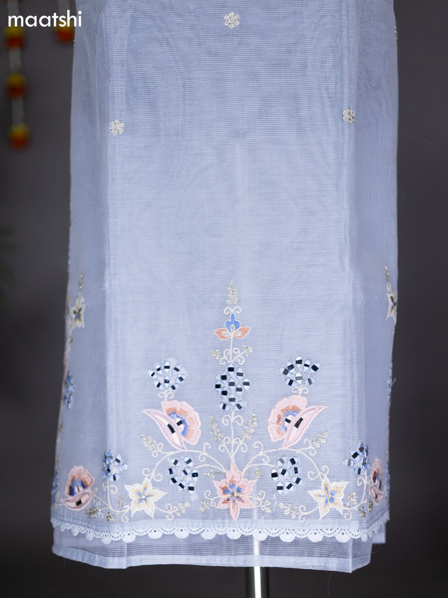 Pastel Blue Kota Dress Material With Mirror & Embroidery Work Neck Pattern and Bottom & Dupatta