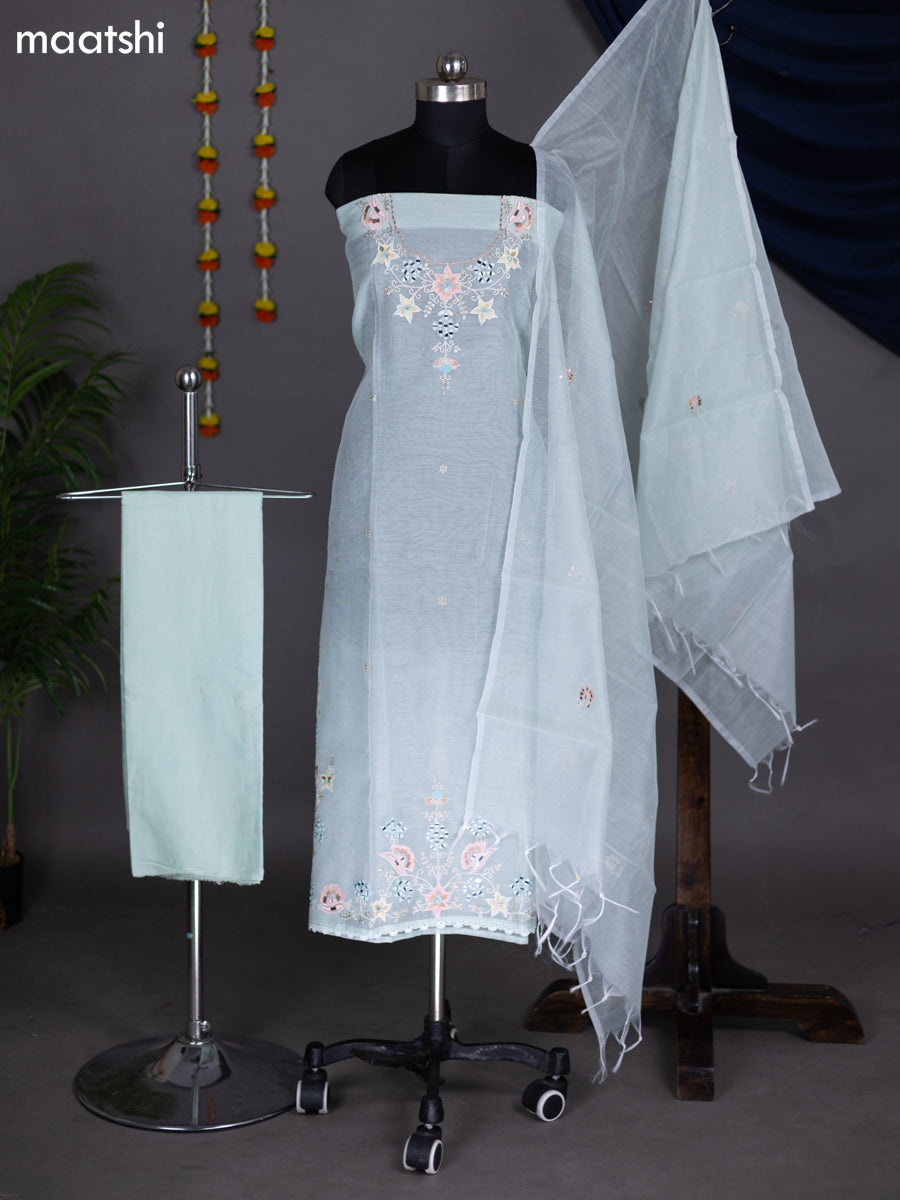 Teal Green Shade Kota Dress Material With Mirror & Embroidery Work Neck Pattern and Bottom & Dupatta