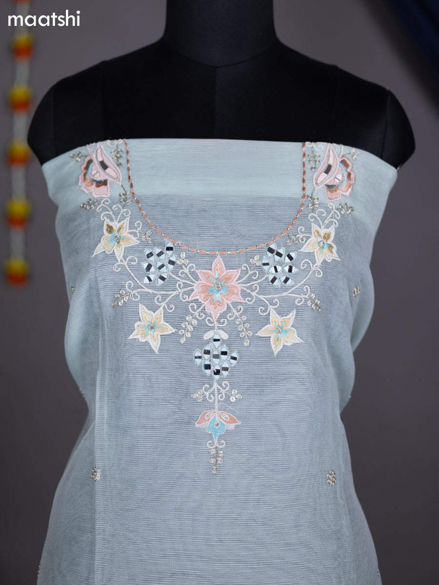 Teal Green Shade Kota Dress Material With Mirror & Embroidery Work Neck Pattern and Bottom & Dupatta