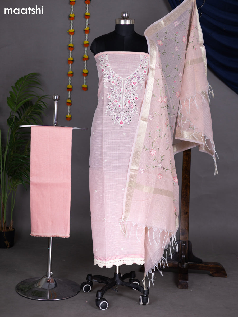 Peach Shade Kota Dress Material With Embroidery Work Neck Pattern and Bottom & Dupatta