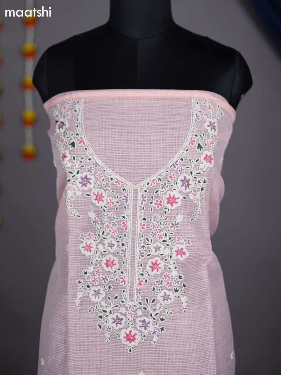 Peach Shade Kota Dress Material With Embroidery Work Neck Pattern and Bottom & Dupatta