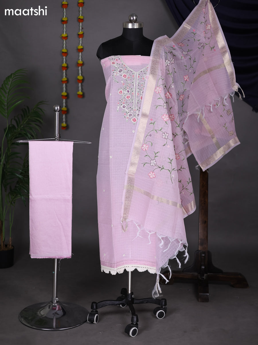 Peach Pink Kota Dress Material With Embroidery Work Neck Pattern and Bottom & Dupatta