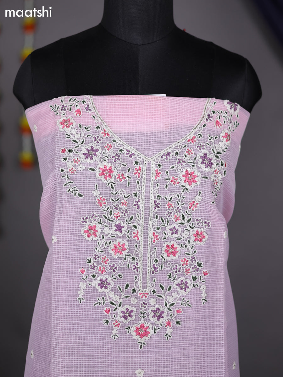 Peach Pink Kota Dress Material With Embroidery Work Neck Pattern and Bottom & Dupatta