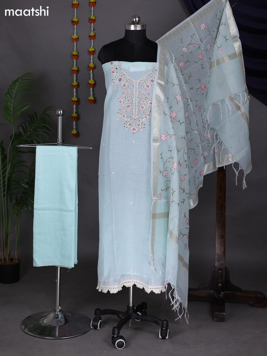 Teal Blue Shade Kota Dress Material With Embroidery Work Neck Pattern