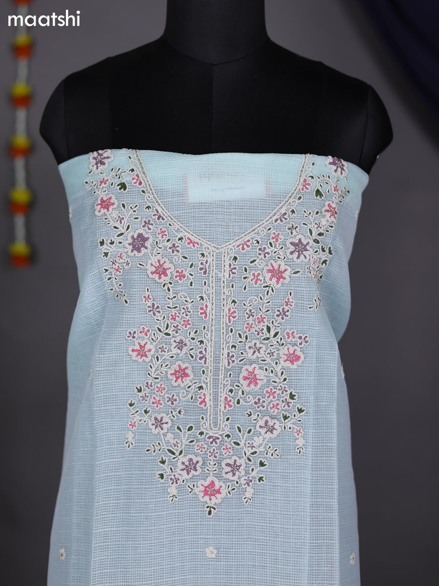 Teal Blue Shade Kota Dress Material With Embroidery Work Neck Pattern