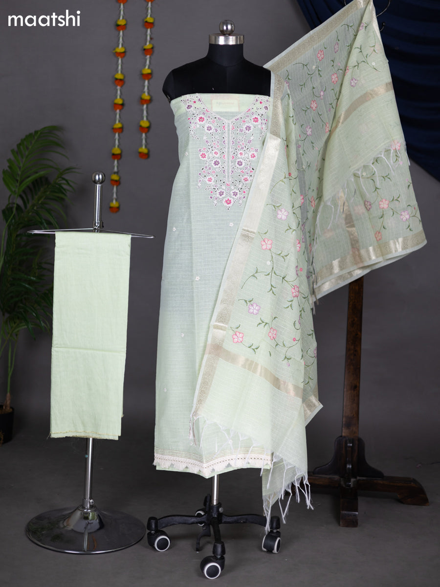 Mild Pista Green Kota Dress Material With Embroidery Work Neck Pattern and Bottom & Dupatta