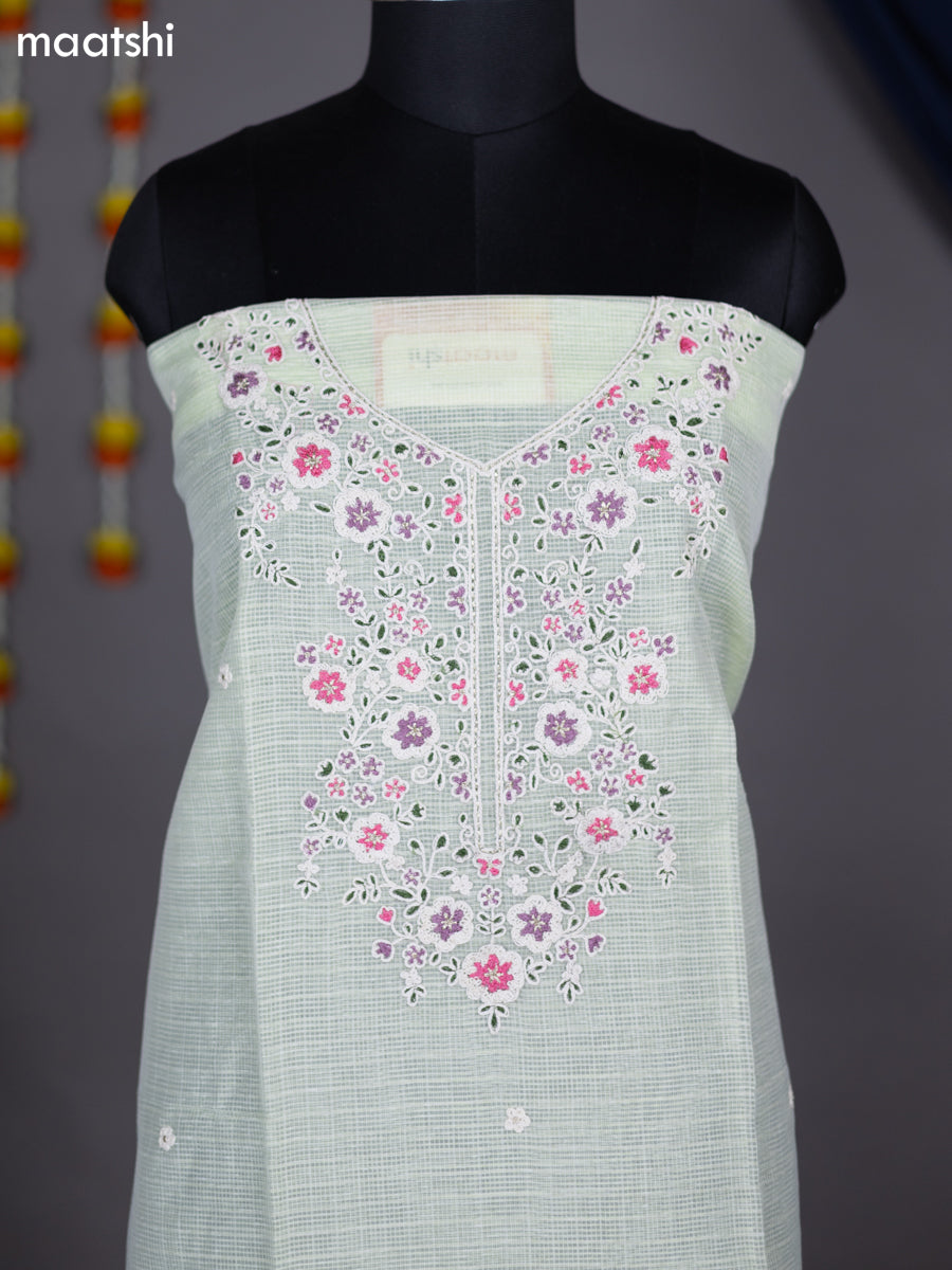 Mild Pista Green Kota Dress Material With Embroidery Work Neck Pattern and Bottom & Dupatta