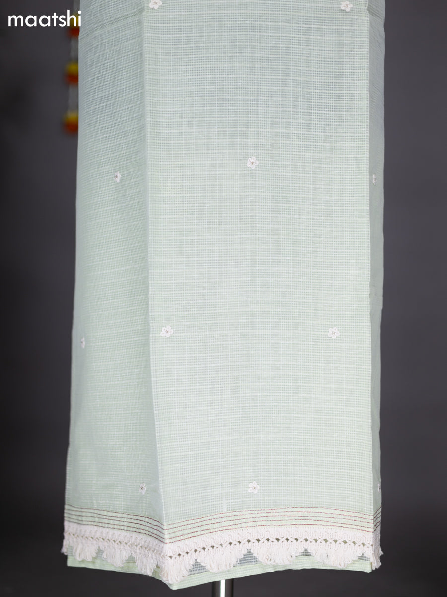 Mild Pista Green Kota Dress Material With Embroidery Work Neck Pattern and Bottom & Dupatta