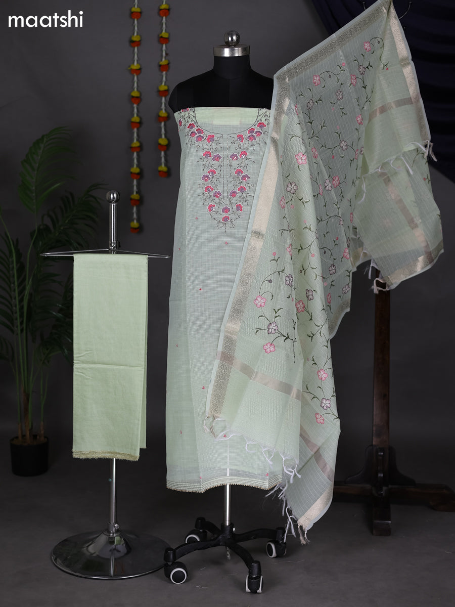 Mild Pista Green Kota Dress Material With Embroidery Work Neck Pattern and Bottom & Dupatta