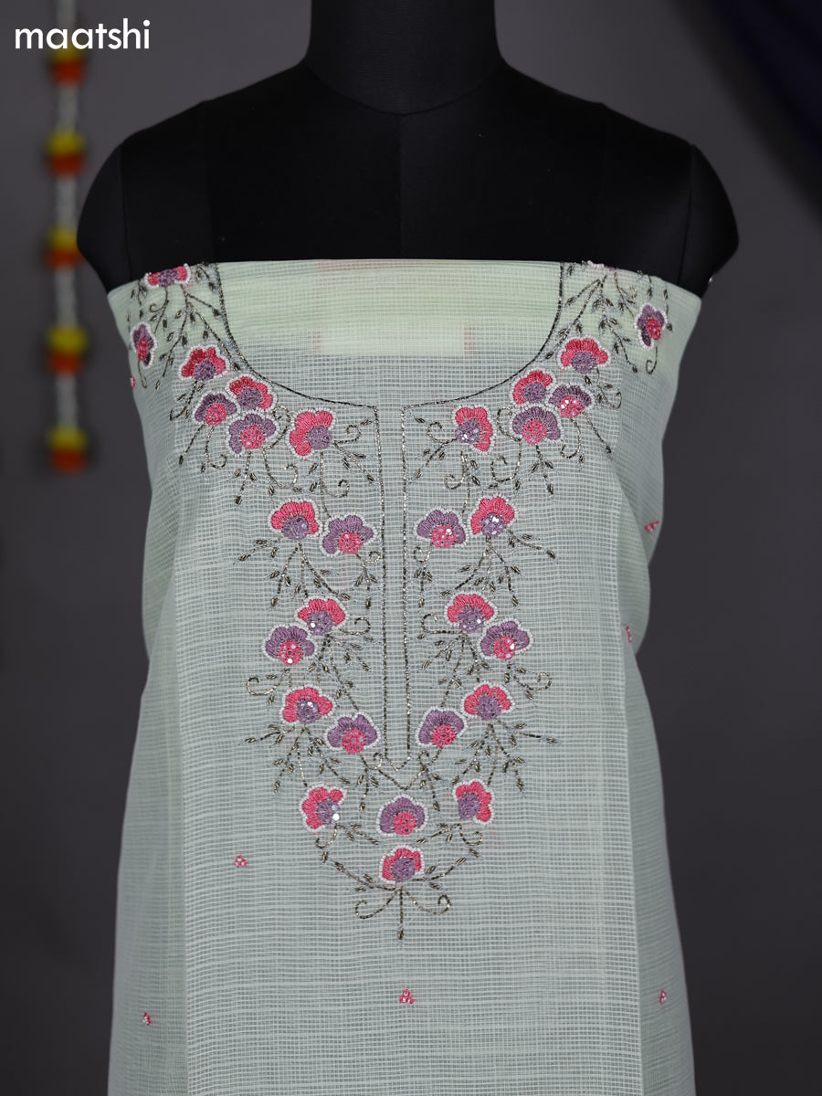 Mild Pista Green Kota Dress Material With Embroidery Work Neck Pattern and Bottom & Dupatta