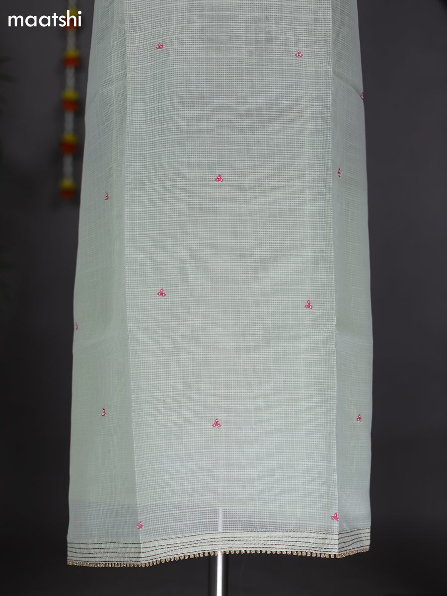 Mild Pista Green Kota Dress Material With Embroidery Work Neck Pattern and Bottom & Dupatta