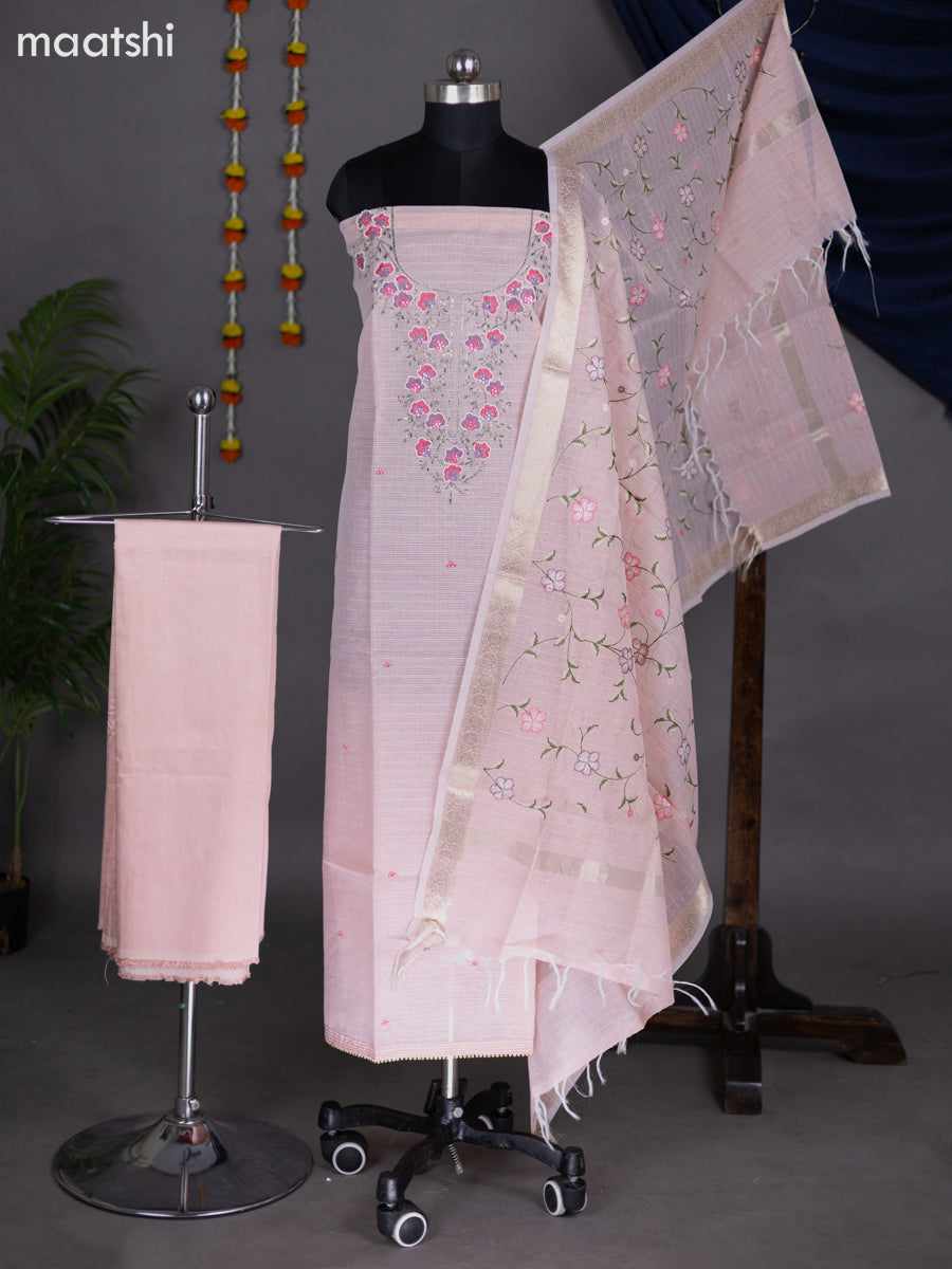 Peach Shade Kota Dress Material With Embroidery Work Neck Pattern