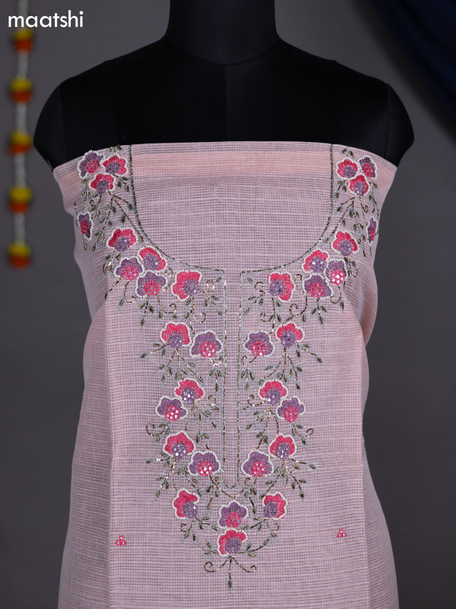 Peach Shade Kota Dress Material With Embroidery Work Neck Pattern