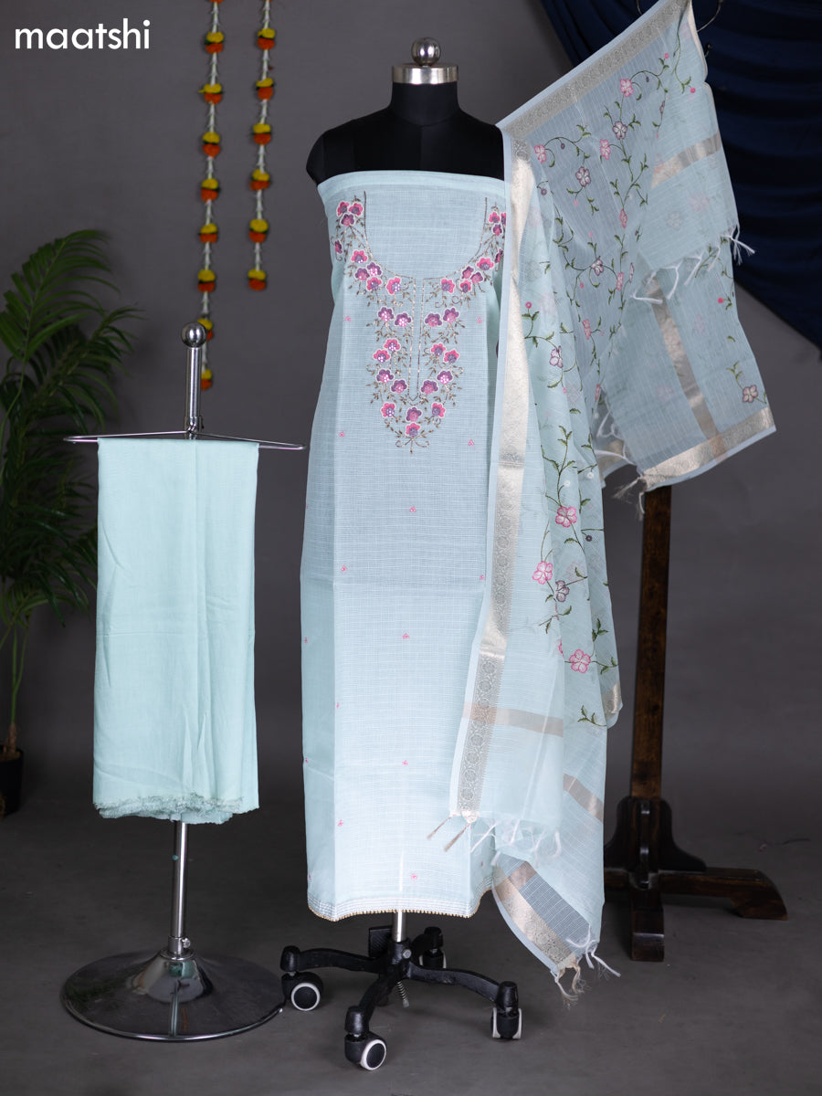 Teal Green Shade Kota Dress Material With Embroidery Work Neck Pattern