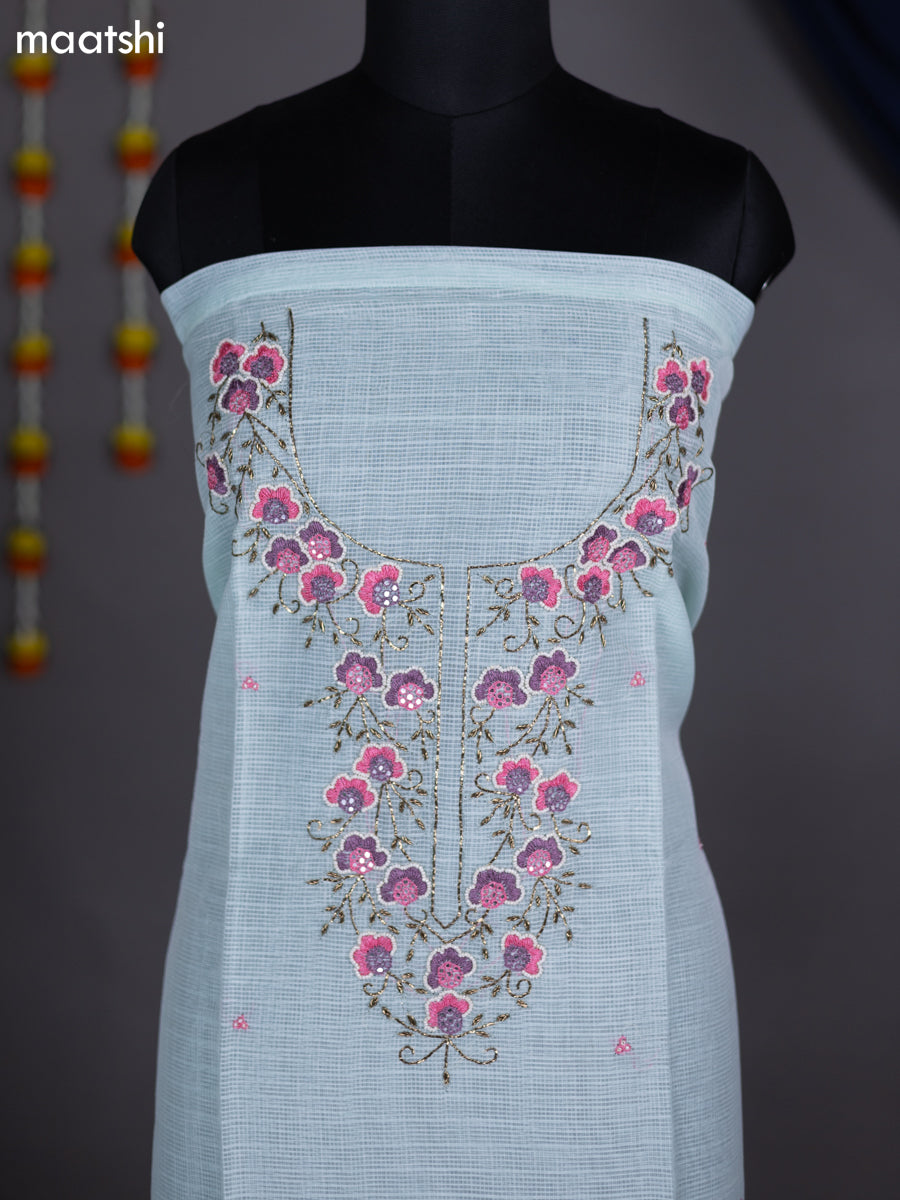 Teal Green Shade Kota Dress Material With Embroidery Work Neck Pattern