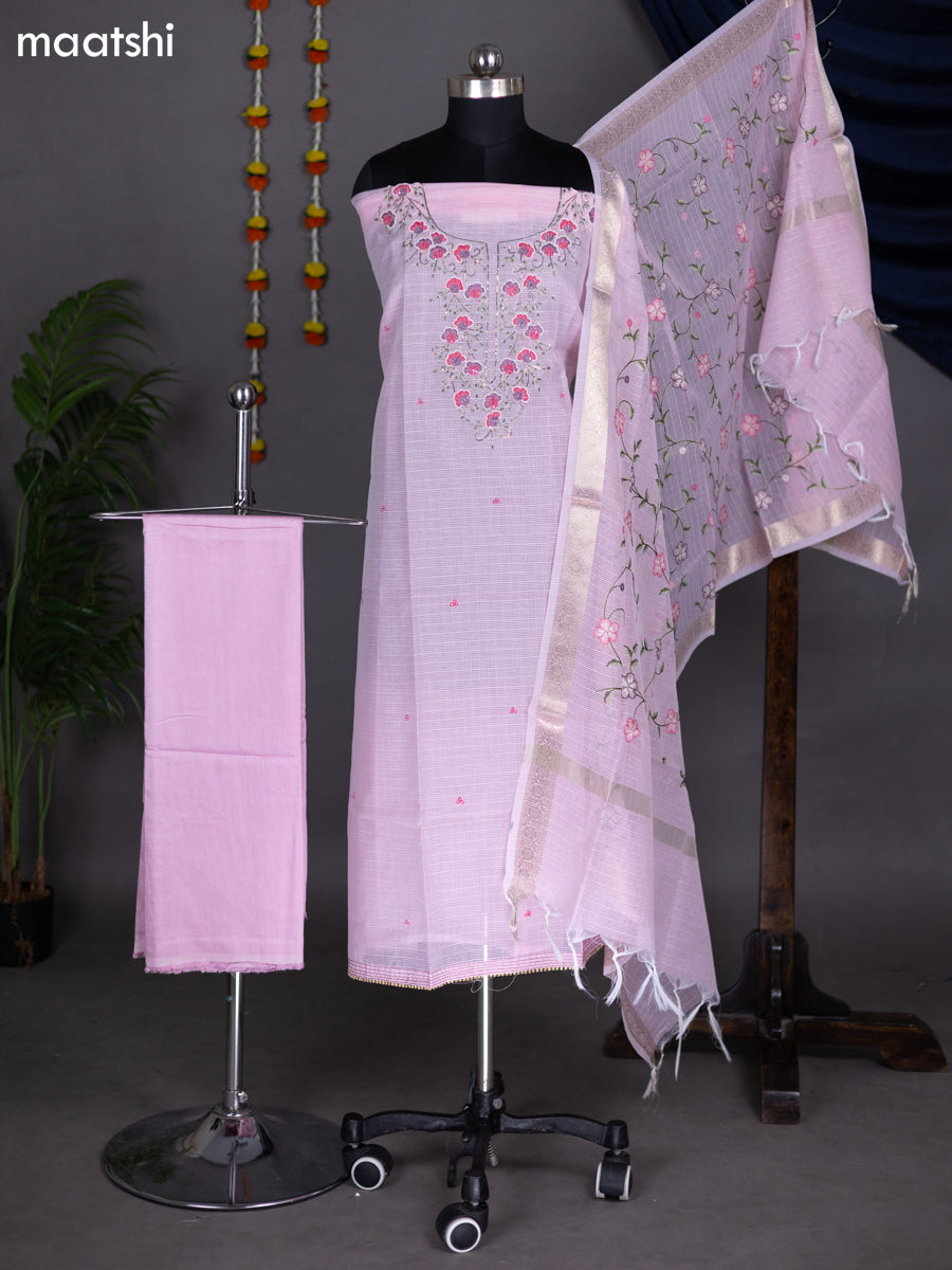 Peach Pink Kota Dress Material With Embroidery Work Neck Pattern and Bottom & Dupatta