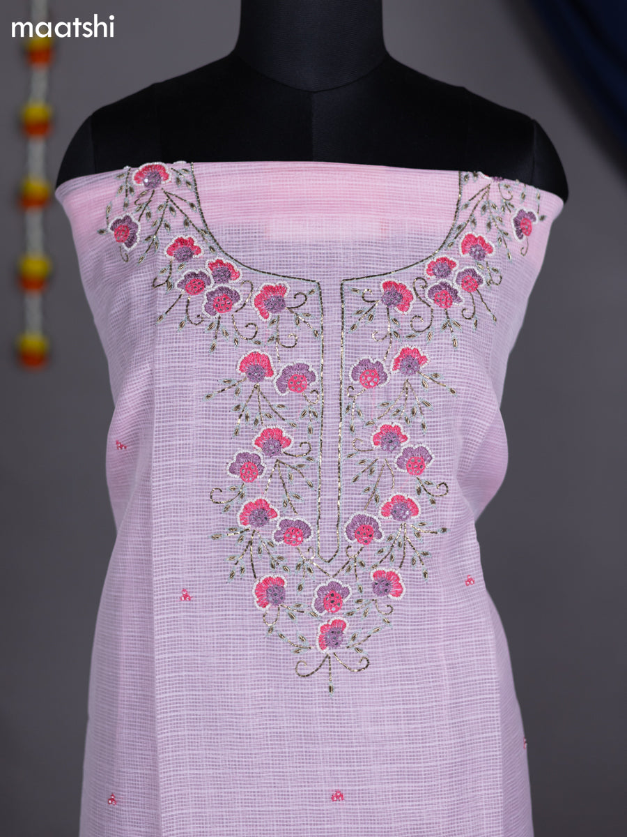 Peach Pink Kota Dress Material With Embroidery Work Neck Pattern and Bottom & Dupatta