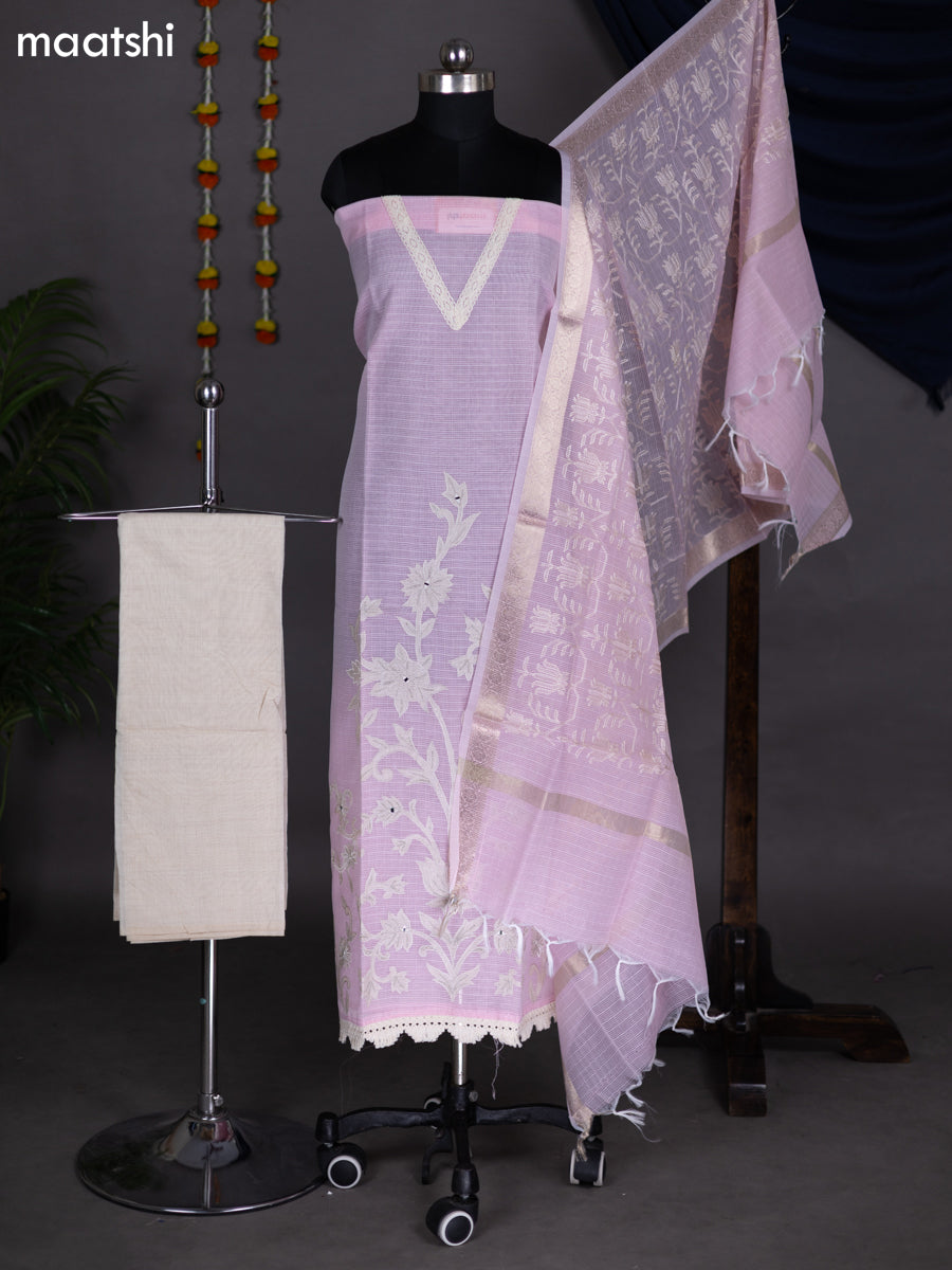 Peach Pink and Beige Kota Dress Material With Embroidery Work Pattern