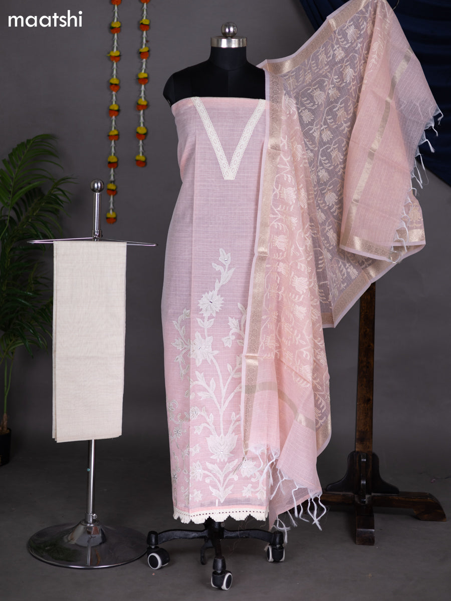 Peach Shade and Beige Kota Dress Material With Embroidery Work Pattern and Bottom & Dupatta