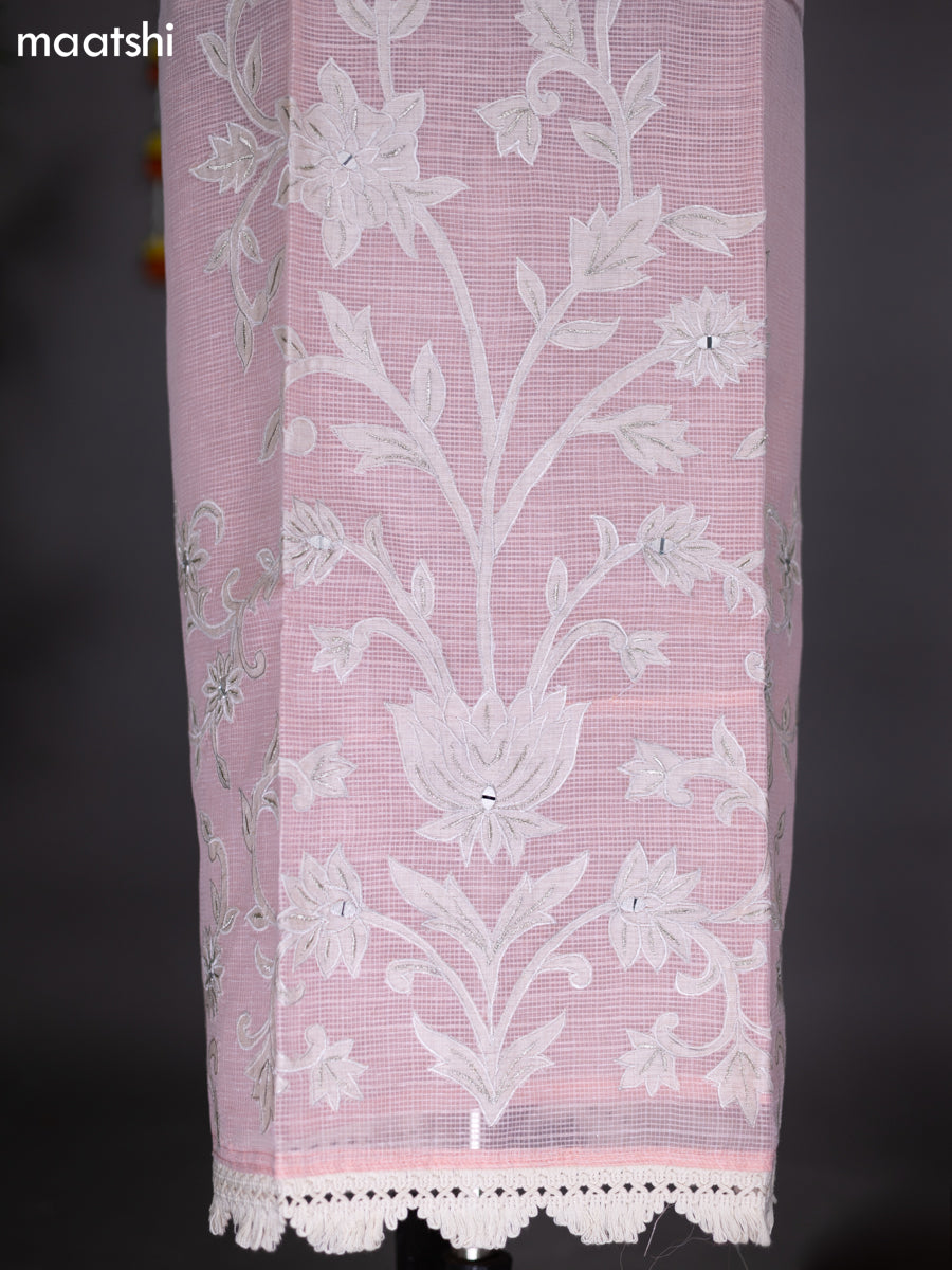 Peach Shade and Beige Kota Dress Material With Embroidery Work Pattern and Bottom & Dupatta