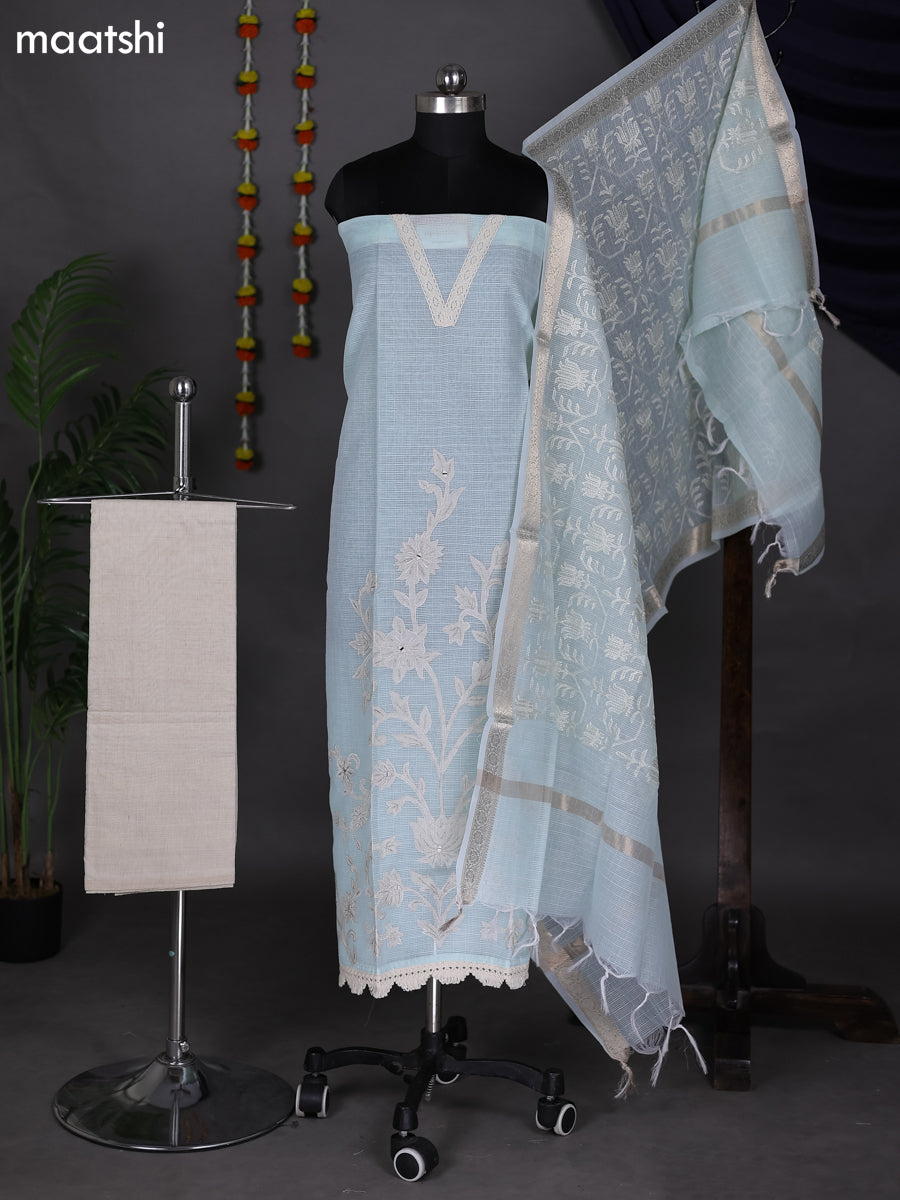 Light Blue Kota Dress Material With Embroidery Work Pattern and Bottom & Dupatta
