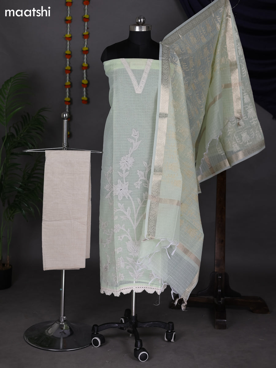 Mild Pista Green Kota Dress Material With Embroidery Work Pattern