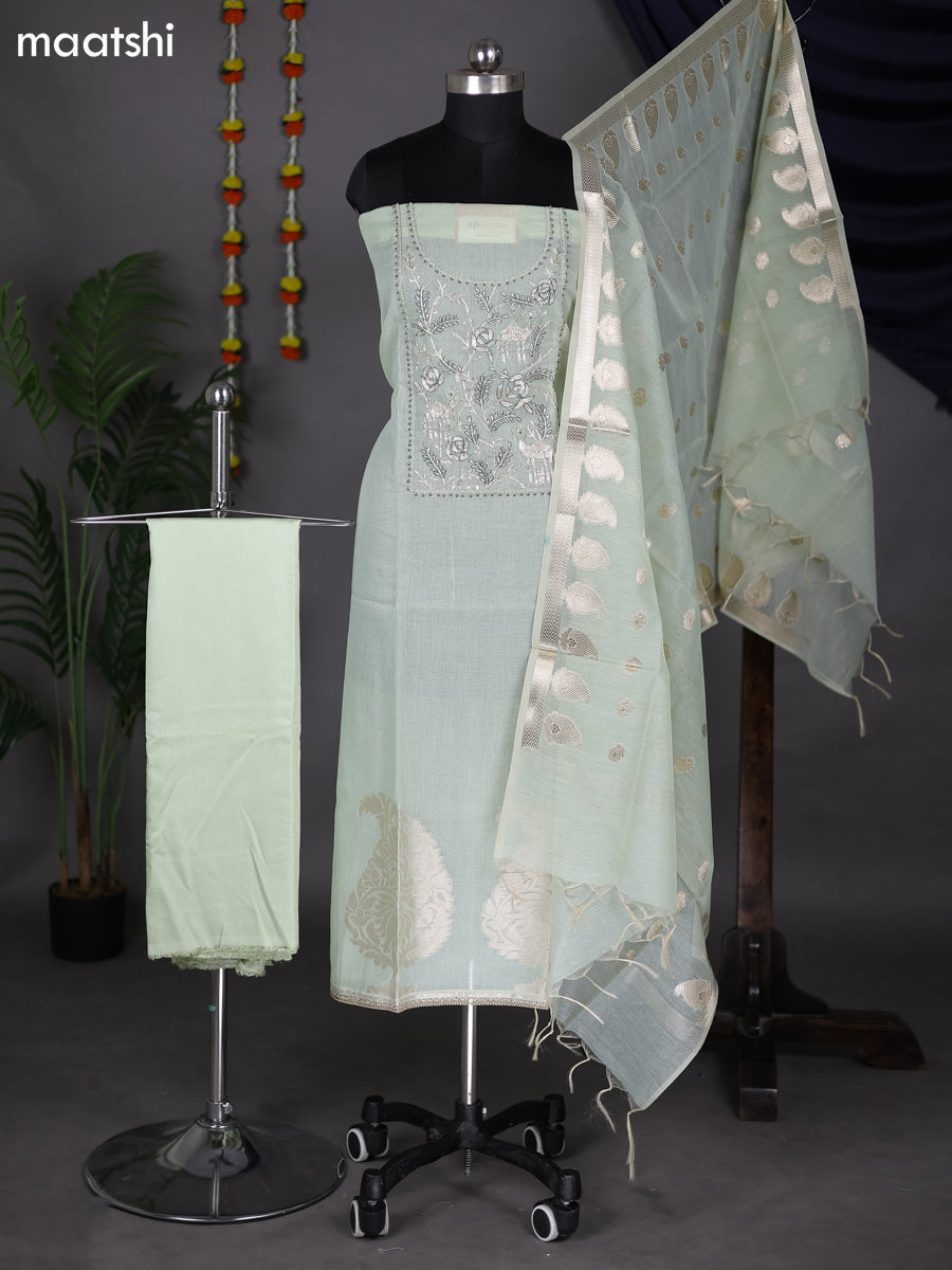 Mild Pista Green Kota Dress Material With Embroidery Work Pattern and Bottom & Dupatta