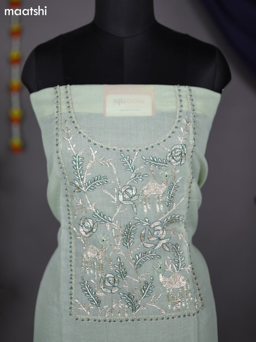 Mild Pista Green Kota Dress Material With Embroidery Work Pattern and Bottom & Dupatta