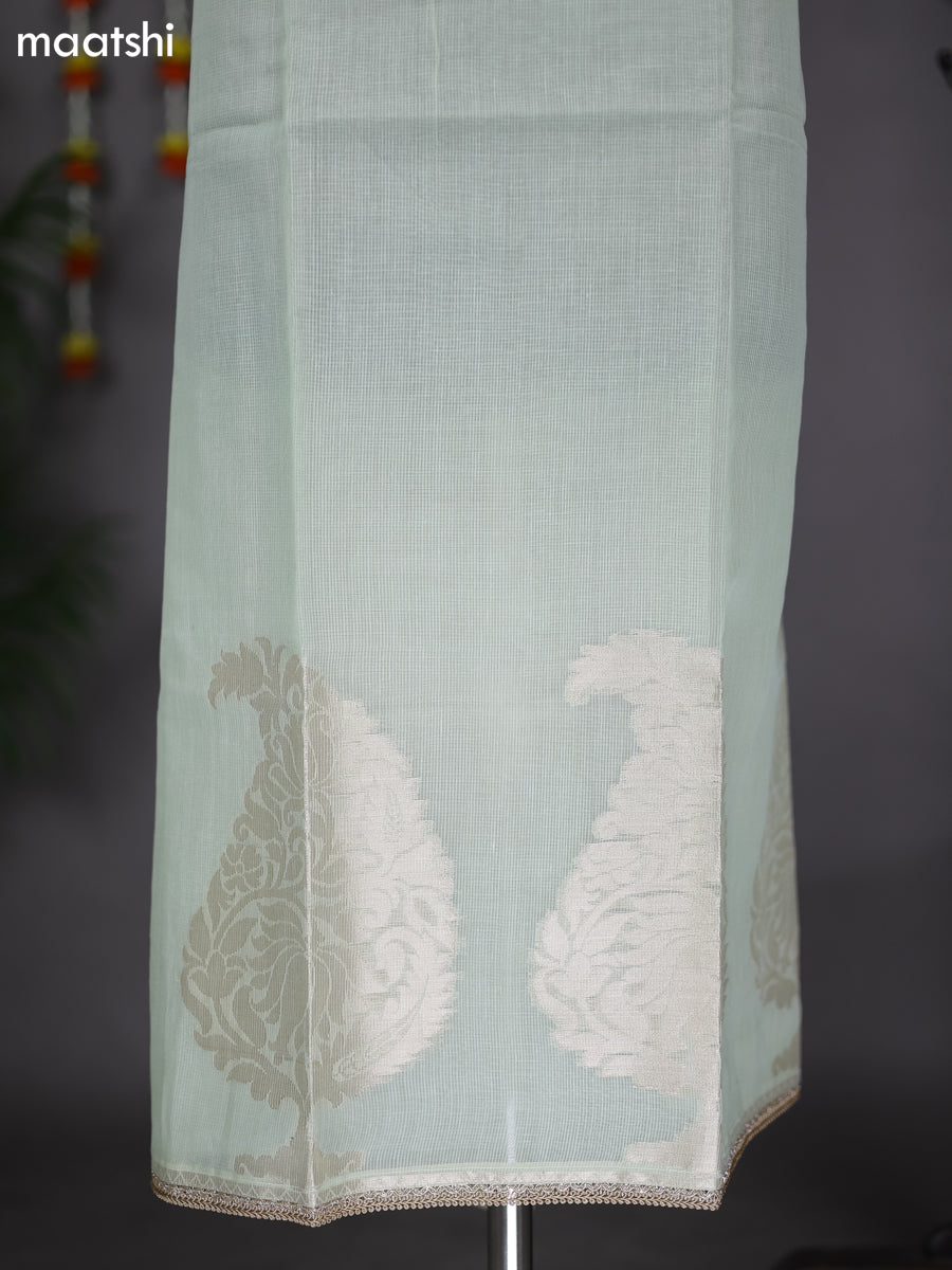 Mild Pista Green Kota Dress Material With Embroidery Work Pattern and Bottom & Dupatta