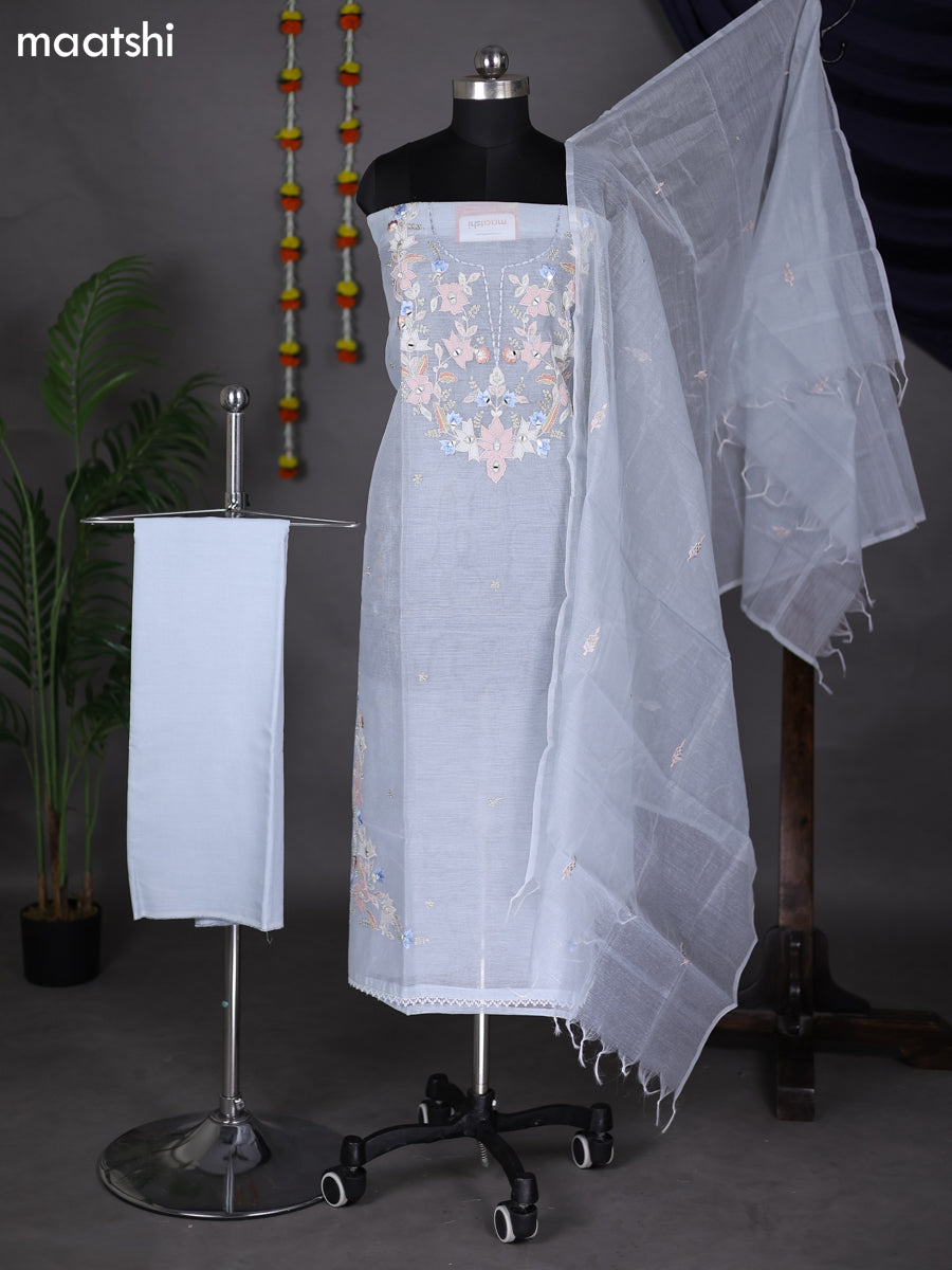 Pastel Blue Kota Dress Material With Mirror & Embroidery Work Neck Pattern