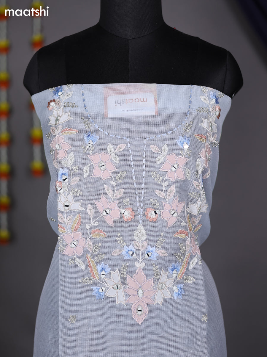 Pastel Blue Kota Dress Material With Mirror & Embroidery Work Neck Pattern