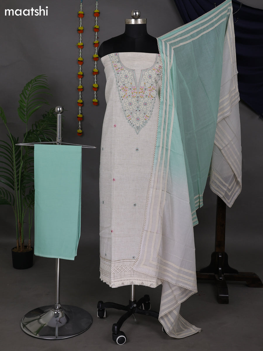 Beige and Teal Shade Cotton Dress Material With Embroidery Work Neck Pattern