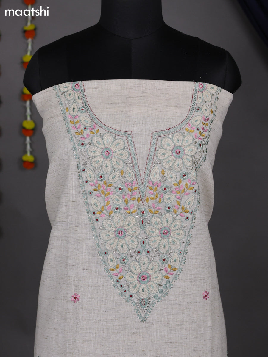 Beige and Teal Shade Cotton Dress Material With Embroidery Work Neck Pattern